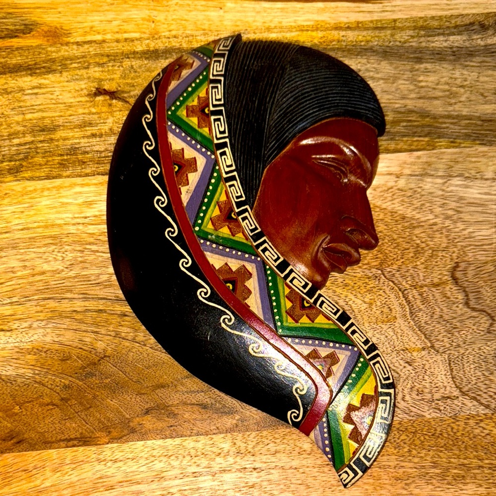 Vintage Bolivian Aymara hand carved/painted wooden wall hanging